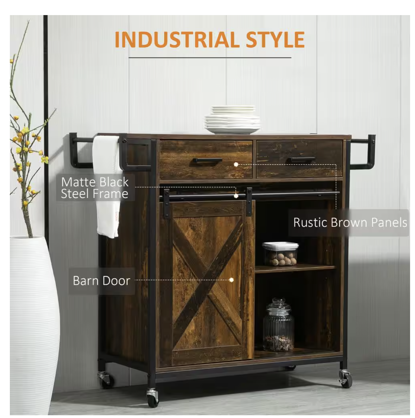 HOMCOM Rustic Brown Farmhouse Kitchen Cart with Adjustable Shelf - SCD ...
